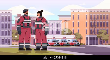 pompiers en uniforme debout près de la façade du bâtiment de caserne de pompiers et véhicules d'urgence rouges horizontaux Illustration de Vecteur