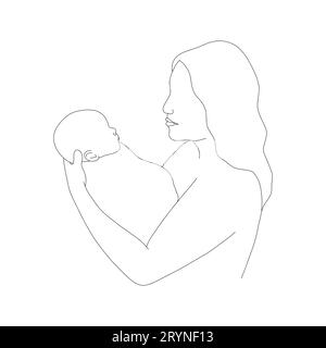 Mère et bébé dans un style linéaire. Femme tenant son nouveau-né. Une illustration au trait Illustration vectorielle minimaliste. Silhouette familiale abstraite Illustration de Vecteur