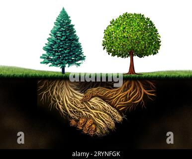 Symbole d'amitié forte comme métaphore de confiance d'amis serrant la main avec des racines d'arbre comme fondement d'un partenariat digne de confiance. Banque D'Images