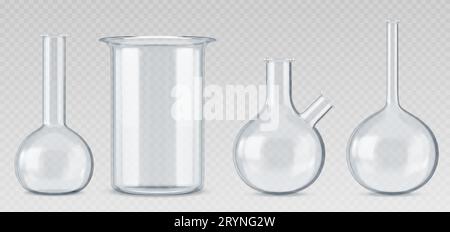 Béchers en verre de mesure chimique. Ensemble d'illustrations vectorielles réalistes de flacons et de tubes de laboratoire transparents, ronds et coniques. Équipement de verrerie de laboratoire pour expériences et tests scientifiques. Illustration de Vecteur