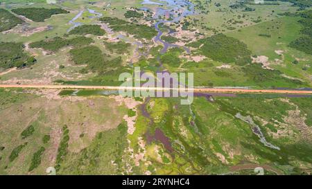 Vue aérienne de Transpantaneira traversée de route de terre dans le paysage typique des zones humides du Pantanal avec lagune Banque D'Images