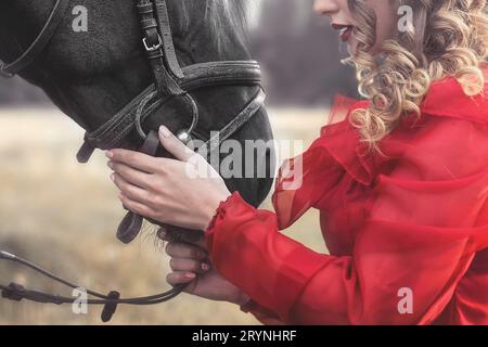 Photo artistique. Jeune femme sans visage vêtue d'une élégante robe vintage, câlinant doucement un cheval, caressant sa tête. amour f Banque D'Images