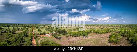 Vue aérienne panorama du paysage typique du Pantanal avec Transpantaneira, prairies, forêt, pâturage su Banque D'Images