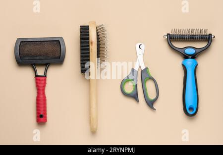 Tondeuse à ongles et brosse pour chat et chien, vue du dessus Banque D'Images