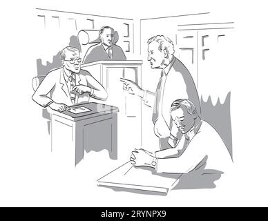 Croquis du procès en salle d'audience montrant le juge avocat défendeur plaignant témoin et jury à l'intérieur de la Cour de justice Banque D'Images