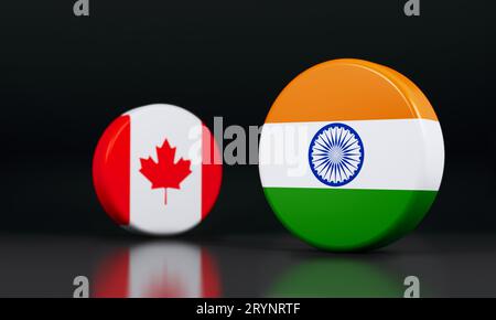 L'Inde et le Canada drapeaux côte à côte montrant la concurrence. Fond noir. Illustration 3D à drapeaux arrondis. Banque D'Images