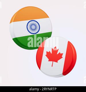 L'Inde et le Canada drapeaux côte à côte montrant la concurrence. Fond noir. Illustration 3D à drapeaux arrondis. Banque D'Images