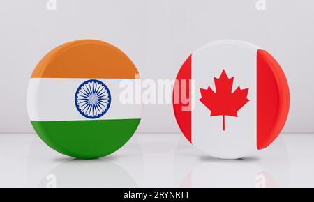 L'Inde et le Canada drapeaux côte à côte montrant la concurrence. Fond blanc. Illustration 3D à drapeaux arrondis. Banque D'Images