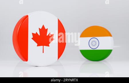 L'Inde et le Canada drapeaux côte à côte montrant la concurrence. Fond blanc. Illustration 3D à drapeaux arrondis. Banque D'Images