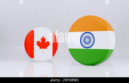 L'Inde et le Canada drapeaux côte à côte montrant la concurrence. Fond blanc. Illustration 3D à drapeaux arrondis. Banque D'Images