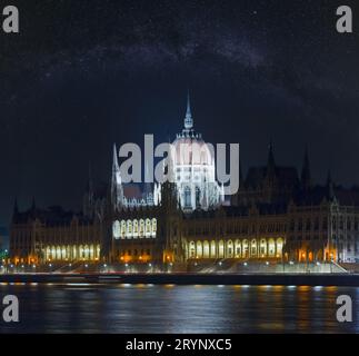 Monument hongrois, vue nocturne du Parlement de Budapest avec les étoiles de la galaxie de la voie lactée dans le ciel. Exposition longue. Banque D'Images