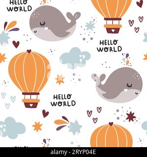 Modèle enfantin sans couture avec des ballons à air chaud de baleines endormies. Illustration de Vecteur
