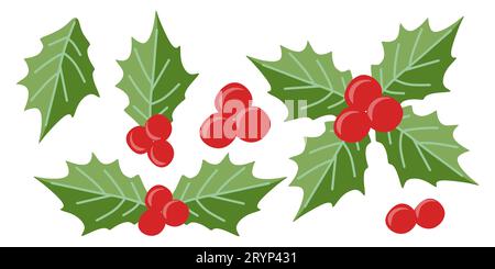 Ensemble d'éléments vectoriels Holly Berry Christmas. Décoration de saison plate, plantes d'hiver fruits. Illustration de vacances isolé sur blanc pour carte postale dans le panier Illustration de Vecteur