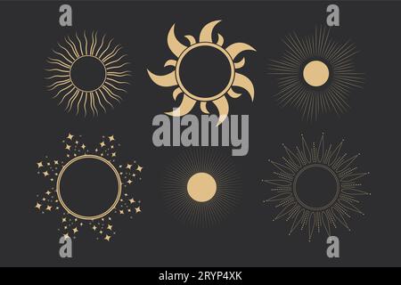 Set dorés cadres célestes soleil, bordures, arc ligne art ésotérique décoration minimale avec étincelles isolées sur fond sombre. Illustration vectorielle Illustration de Vecteur