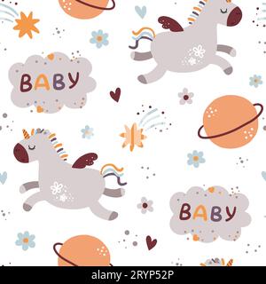 Motif sans couture mignon de bébé avec des licornes et des planètes. Illustration de Vecteur