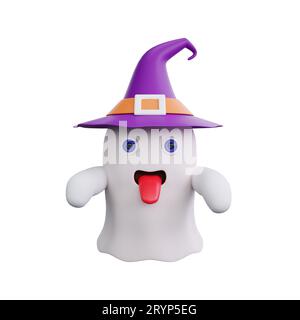 Rendu 3D d'un fantôme de dessin animé avec une expression surprise, portant un chapeau de sorcière violet. Parfait pour la saison Halloween Banque D'Images