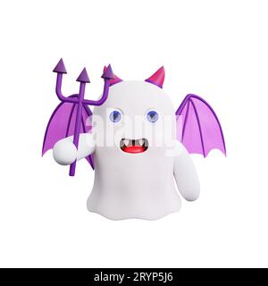 Fantôme de dessin animé 3D avec costume de diable, ailes de chauve-souris violettes et un trident. Parfait pour la saison Halloween Banque D'Images