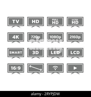 Téléviseur, résolutions d'écran et icônes Smart Television. Full HD, affichage LED, ratio et jeu d'icônes vectorielles vidéo. Illustration de Vecteur