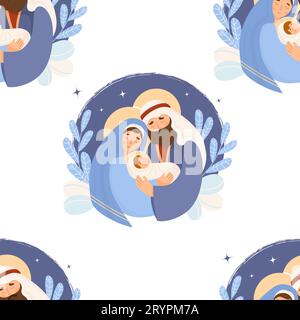 Motif sans couture de Noël. Sainte famille, naissance de Jésus-Christ. Vierge Marie, Joseph et bébé divin sur fond blanc. illustration vectorielle pour holid Illustration de Vecteur