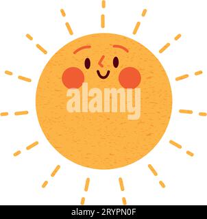 Personnage de soleil dans un style mignon, visage avec un autocollant. Soleil avec un sourire pour les enfants, griffonné d'une manière heureuse et amusante. Illustrations vectorielles plates isolées i Illustration de Vecteur