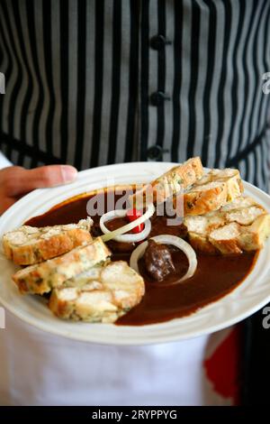 Serveur tenant un Goulash de bœuf avec boulettes de pain et plat de crêpes de pommes de terre, une cuisine tchèque traditionnelle, café Louvre dans Narodni Trida 2 rue, Nove Mesto, Prague, République tchèque. Banque D'Images