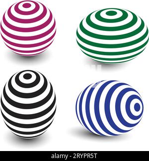 Balles rayées. bille 3d. Ensemble de sphères et de boules sur un fond blanc avec une ombre. Illustration vectorielle. Sphère ou boule, formes Illustration de Vecteur