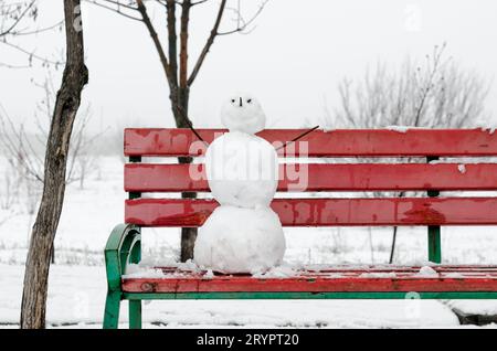 Bonhomme de neige effrayant sur un banc rouge dans un parc désert enneigé Banque D'Images