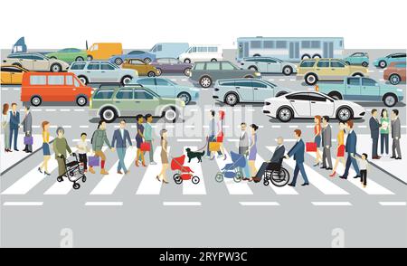 Silhouette urbaine d'une ville avec trafic et personnes, illustration Illustration de Vecteur