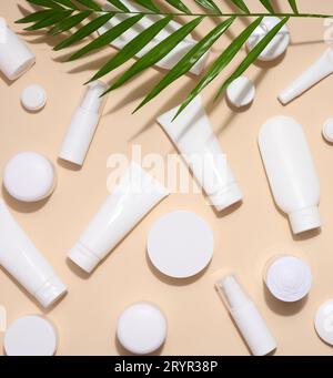 Tubes en plastique blanc, bocaux et branches de gypsophila sur fond beige, récipients pour crèmes et gels cosmétiques, publicité A. Banque D'Images