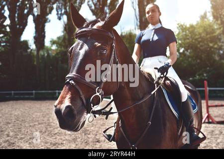 Portrait Jockey fille à côté d'un cheval, équitation, concept de publicité d'un club équestre, préparation pour les sauts. Été. Tonification. Banque D'Images