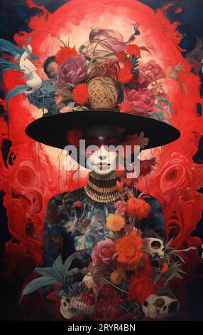 Une jeune femme portant un chapeau noir orné de plumes rouges Banque D'Images