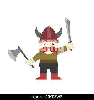 Drôle petite illustration de personnage de guerrier Viking sur fond blanc Banque D'Images