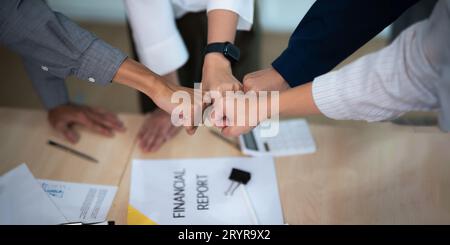 Mains, poing bosse et gens d'affaires, mission et collaboration avec soutien, objectifs cibles et gros plan. Réunion, consolidation d'équipe et accord, travail d'équipe Banque D'Images