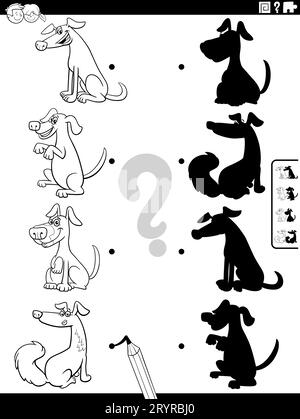 Dessin animé noir et blanc illustration de faire correspondre les ombres droites avec des images activité éducative avec les chiens drôle coloriage page Banque D'Images
