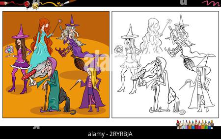 Dessin animé illustration de sorcières fantaisie personnages groupe de coloriage page Banque D'Images