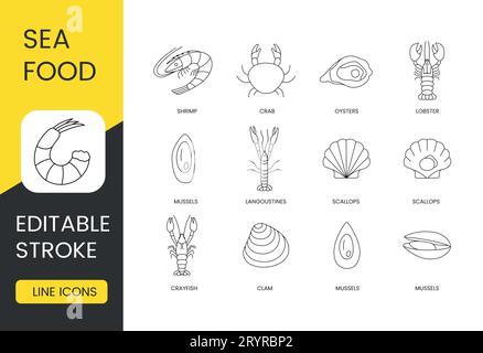 Crustacés et mollusques définir des icônes de ligne dans vecteur, fruits de mer modifiable trait. Moules et palourdes, écrevisses et coquilles Saint-Jacques, langoustines et homard, huîtres Illustration de Vecteur