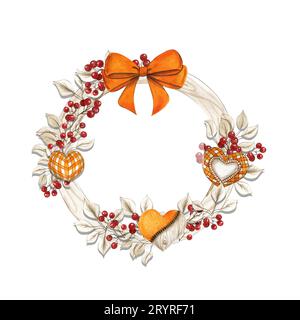 Couronne d'automne avec des coeurs d'oranges et des rubans. Pour cartes, arrière-plans. Illustration aquarelle pour scrapbooking. Parfait pour invitation de mariage. Banque D'Images