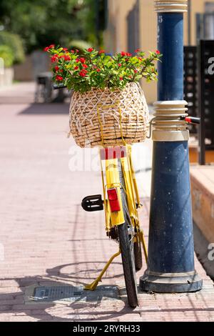 Un vélo jaune vif est parti dans une rue. Le vélo a un porte-roue arrière avec un panier contenant une plante à fleurs rouges Banque D'Images