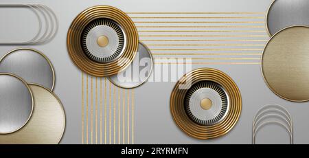 papier peint mural en toile de cadre d'art abstrait 3d moderne. or, cercle argenté, lignes et fond clair argenté décoratif. Banque D'Images