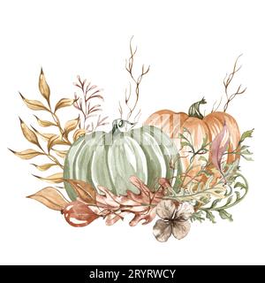 Composition d'automne aquarelle dans le style vintage. Citrouilles pastel peintes à la main avec des feuilles séchées et des brindilles. Composition de récolte Banque D'Images