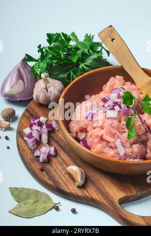 Viande de poulet crue émincer dans un bol avec des épices Banque D'Images