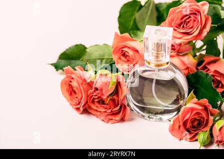 Bouteille de parfum sur fond d'un bouquet de roses coralliennes Banque D'Images