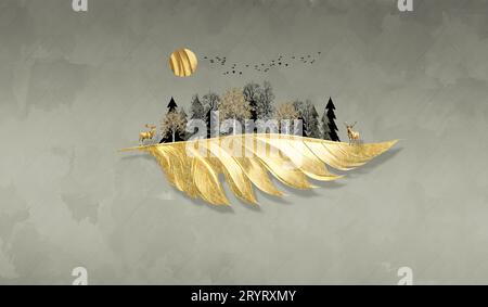 Papier peint de peinture numérique d'illustration. feuille d'or et soleil avec des arbres colorés et des cerfs sur un fond clair Banque D'Images