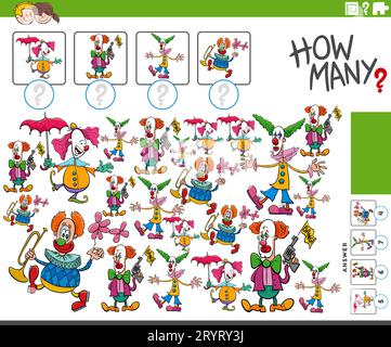 Illustration de l'activité de comptage pédagogique avec des personnages clowns Banque D'Images
