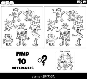 Dessin animé noir et blanc illustration de trouver les différences entre les images jeu éducatif avec robots caractères groupe coloriage page Banque D'Images