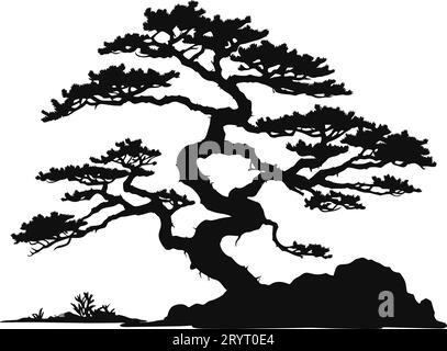 Bonsaï japonais. Logo noir, icône en forme d'arbre. Illustration vectorielle de silhouette Bonsaï sur fond blanc isolé. Écologie, nature, bio concept. Conception Illustration de Vecteur