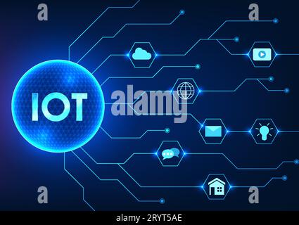 Technologie de l'Internet des objets avec lettres IoT dans un cercle technologique avec une carte de circuit imprimé connectée à l'icône. Fait référence à un réseau intégré de i Illustration de Vecteur