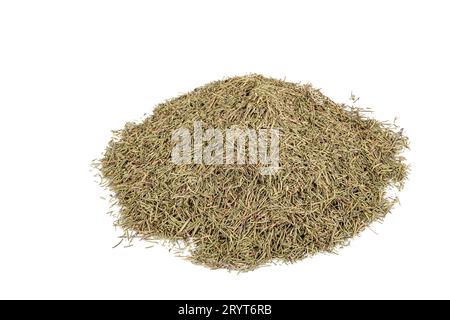 Feuilles de romarin aux herbes séchées, gros plan d'un aliment de fond de romarin. Épice de romarin séchée biologique. Assaisonnement de feuilles en forme d'aiguilles parfumées aux herbes sèches. Banque D'Images