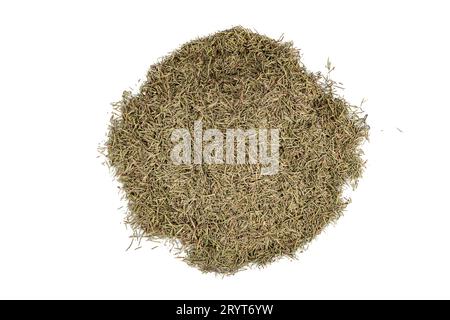 Feuilles de romarin aux herbes séchées, gros plan d'un aliment de fond de romarin. Épice de romarin séchée biologique. Assaisonnement de feuilles en forme d'aiguilles parfumées aux herbes sèches. Banque D'Images