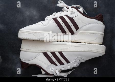 Doha, Qatar - 2 octobre 2023 : Sneaker Adidas Rivalry Low. Style de basket-ball rétro inspiré des années 80 conçu pour les athlètes. Banque D'Images